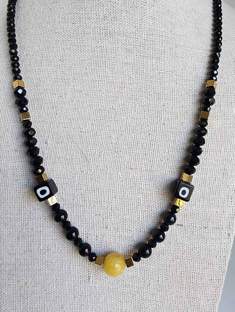 Black Agate Evil Eye Necklace Yellow Agate Hematite Crystal Beaded 18-22"